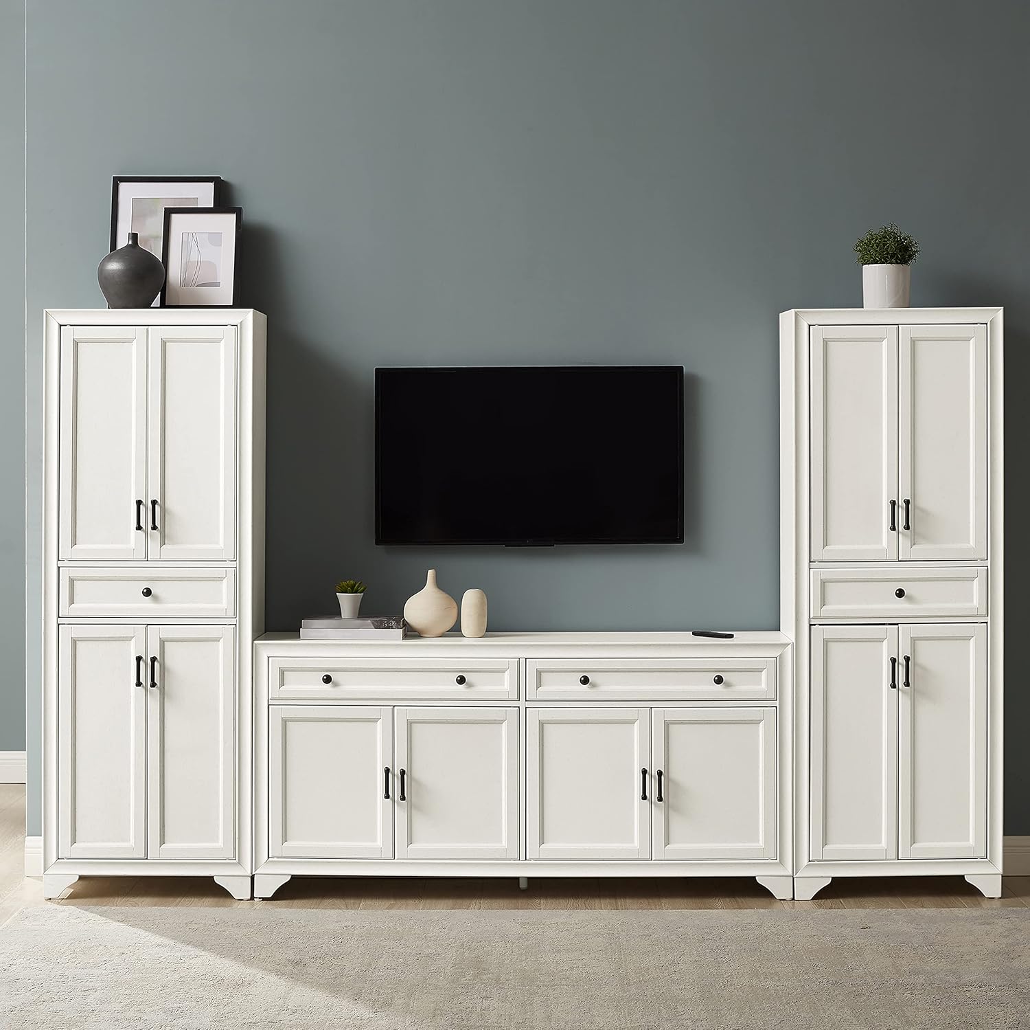 Crosley Furniture Tara 3-Piece Entertainment Set with Sideboard and 2 Storage Cabinets, Distressed White