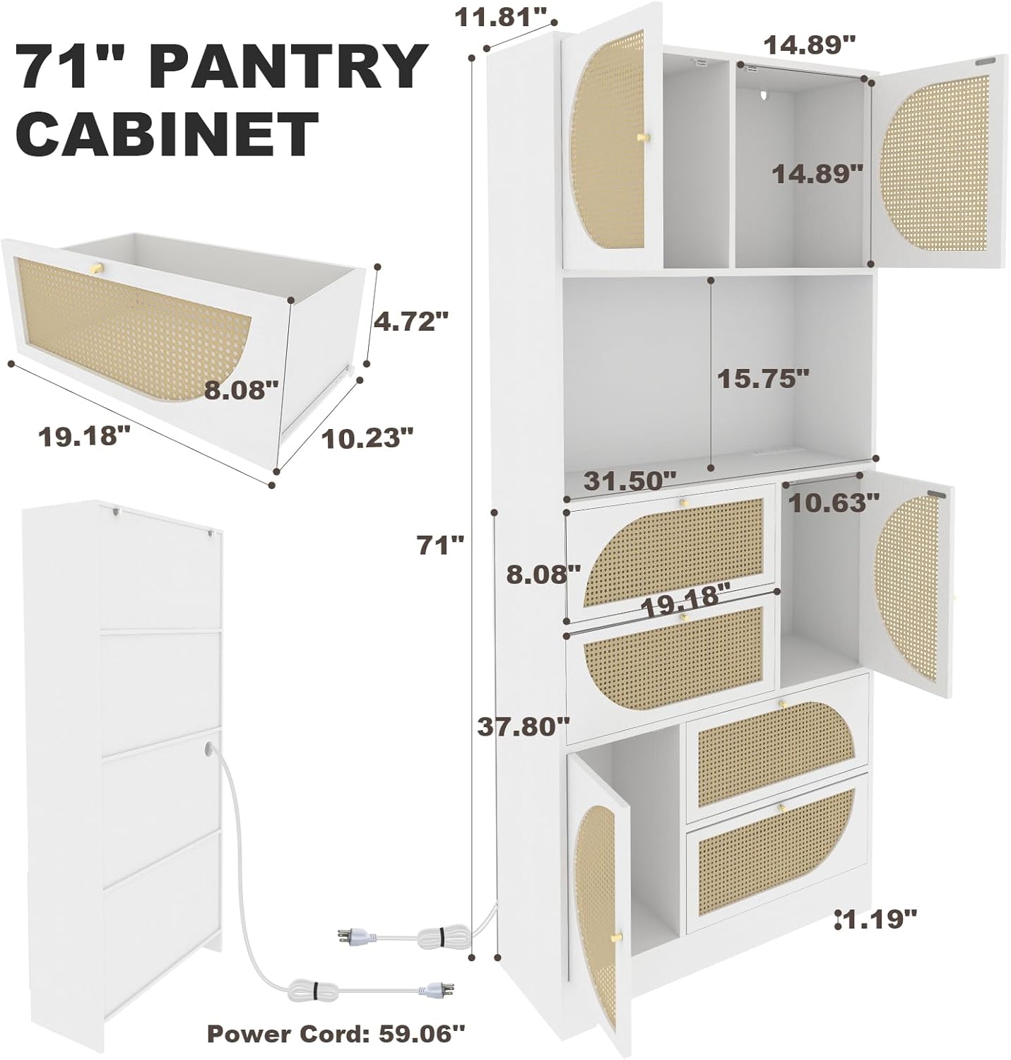 71" Tall Kitchen Pantry Cabinet, Kitchen Storage Cabinet Hutch Cabinet with Charging Ports and Microwave Stand, Rattan Kitchen Hutch with 4 Cabinets, 4 Drawers, for Dining Room Kitchen, White