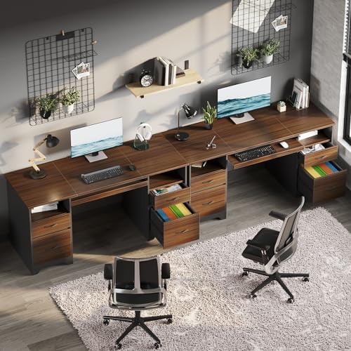 Bestier 59” Computer Desk with 4 Drawers, Office Desk with Storage, Industrial Executive Desk with File Drawer, Keyboard Tray & 2 Pedestals for Home Office & Studio, Cherry