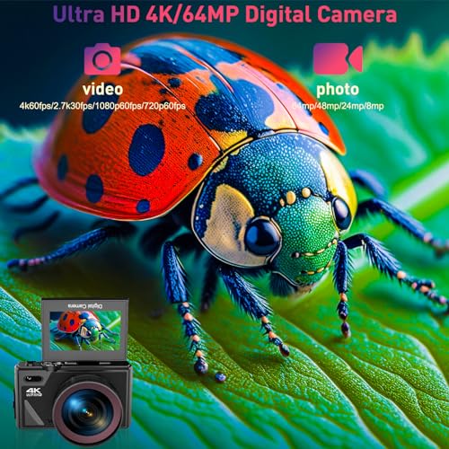 4K Digital Camera for Photography, WiFi UHD Autofocus 64MP Vlogging Camera for YouTube with Super Wide-Angle Lens, 3" 180° Flip Screen, 18X Digital Zoom with 32GB SD Card, 2 Batteries, Black