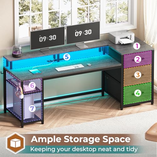 SEDETA 59" Office Desk with Drawers, Reversible Computer Desk with File Drawers & Storage, Gaming Desk with LED Lights & Power Outlet, Home Office Desks for Printer, Black