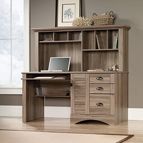 Sauder Harbor View Computer Desk with Hutch and 3-Shelf Bookcase, Salt Oak Finish