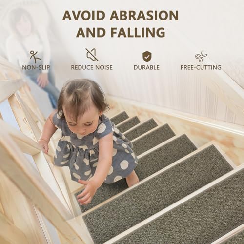 Stair Treads Non Slip for Wooden Steps Indoor, KOOTETA 15 Pack 8" X 30" Carpet Stair Treads with Reusable Adhesive for Kids Elders and Dogs, Surface Polyester TPR Backing Stair Runner Rugs, Dark Grey
