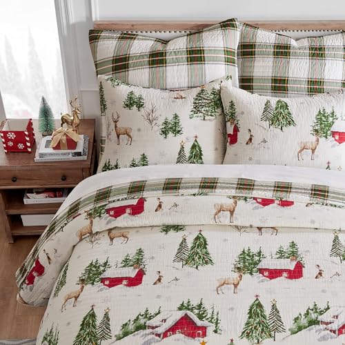 Levtex Home - Tatum Pines Quilt Set - King/Cal King Holiday Quilt 106x92 and Two King Pillow Shams 20x36 - Christmas Cabin - Red, Green, Brown and White - Reversible - Cotton