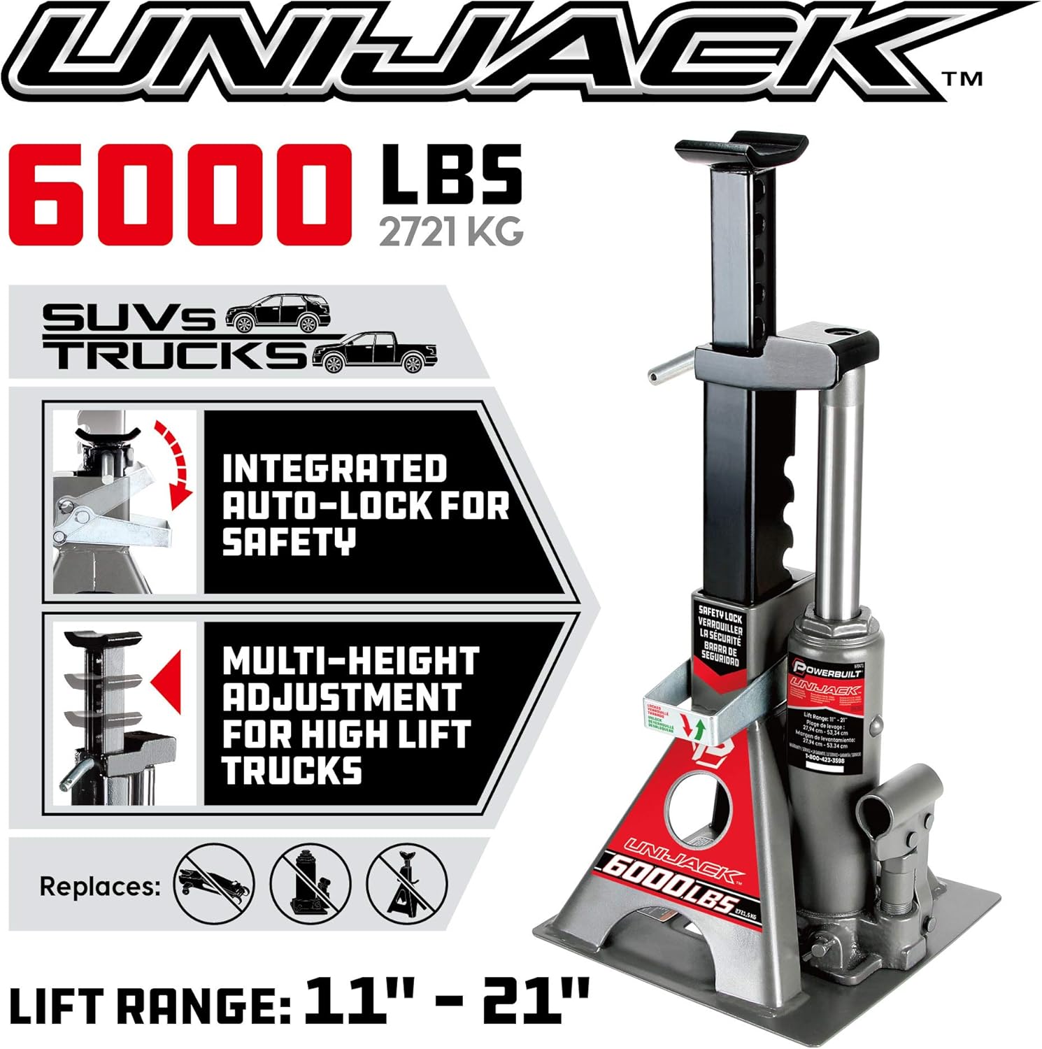 Powerbuilt 2 Ton UniJack Combination Hydraulic Bottle Jack / Jackstand in 1 Unit, Compact, Portable, Wide Base, for Unibody Sedans, CUVs, SUVs, Cars, - 620470