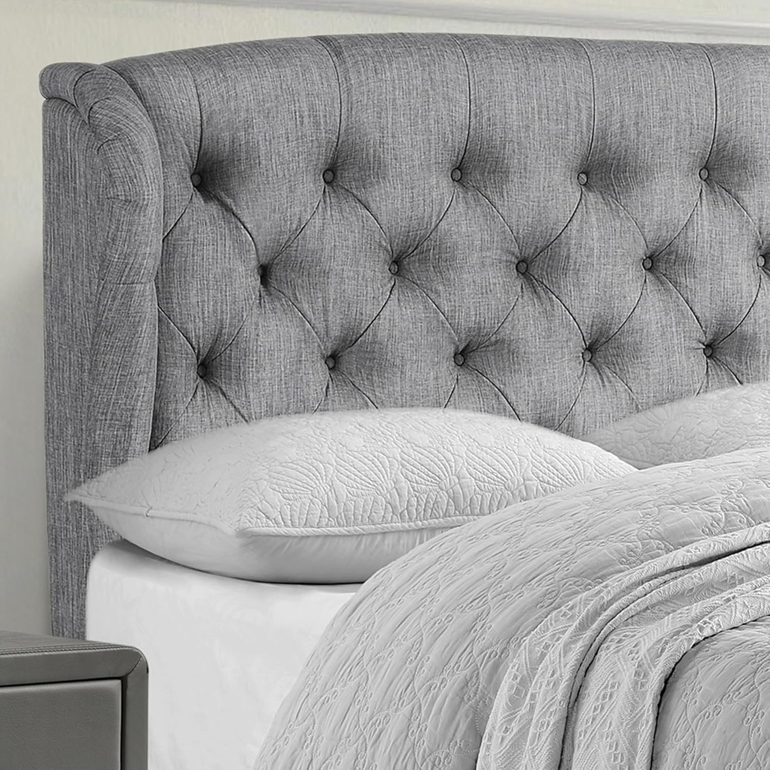Rosevera Torrey Wingback Bed/Tufted Headboard Adjustable Height Bed Frame/Fabric Upholstered Bed Frame/Wood Slat Support/Easy Assembly,Queen,Linen Gray
