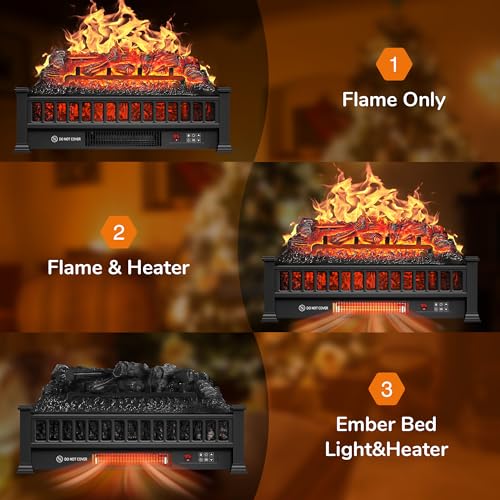 Electric Fireplace Logs 20-Inch, Remote Controller Fireplace Insert Log Heater, Adjustable Flame Colors, Realistic Fake firewood Flame, Overheat Protection, Timer, Thermostat, 1500W Black