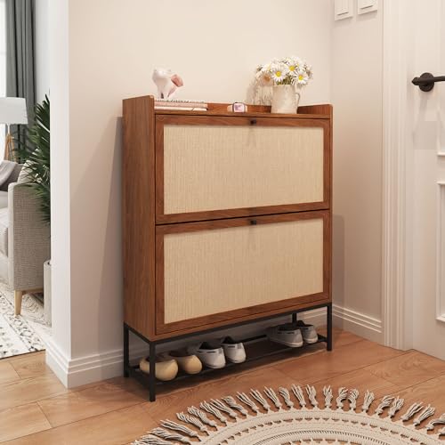 AVZEAR Shoe Cabinet, Shoe Cabinet Freestanding Tipping Bucket Shoe Rack Organizer with 3 Flip Drawers, Modern Entryway Narrow Shoe Rack for Entryway, Hallway, Bedroom (Natural)