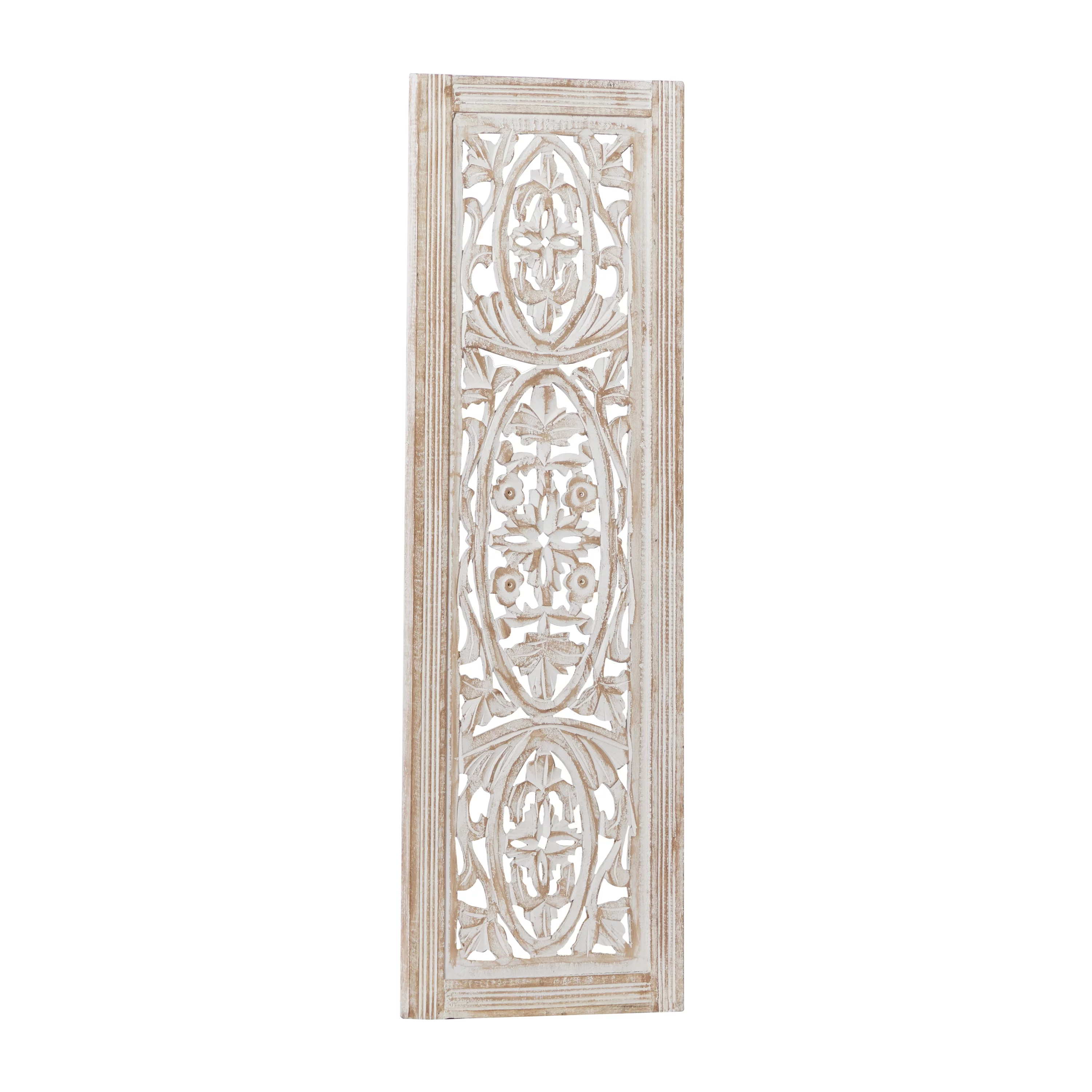 DecMode Neutral Cream/Distressed Wood Traditional Mango Carved Wood Leaves Wall Decor, 12"L x 36"H, 1-Piece