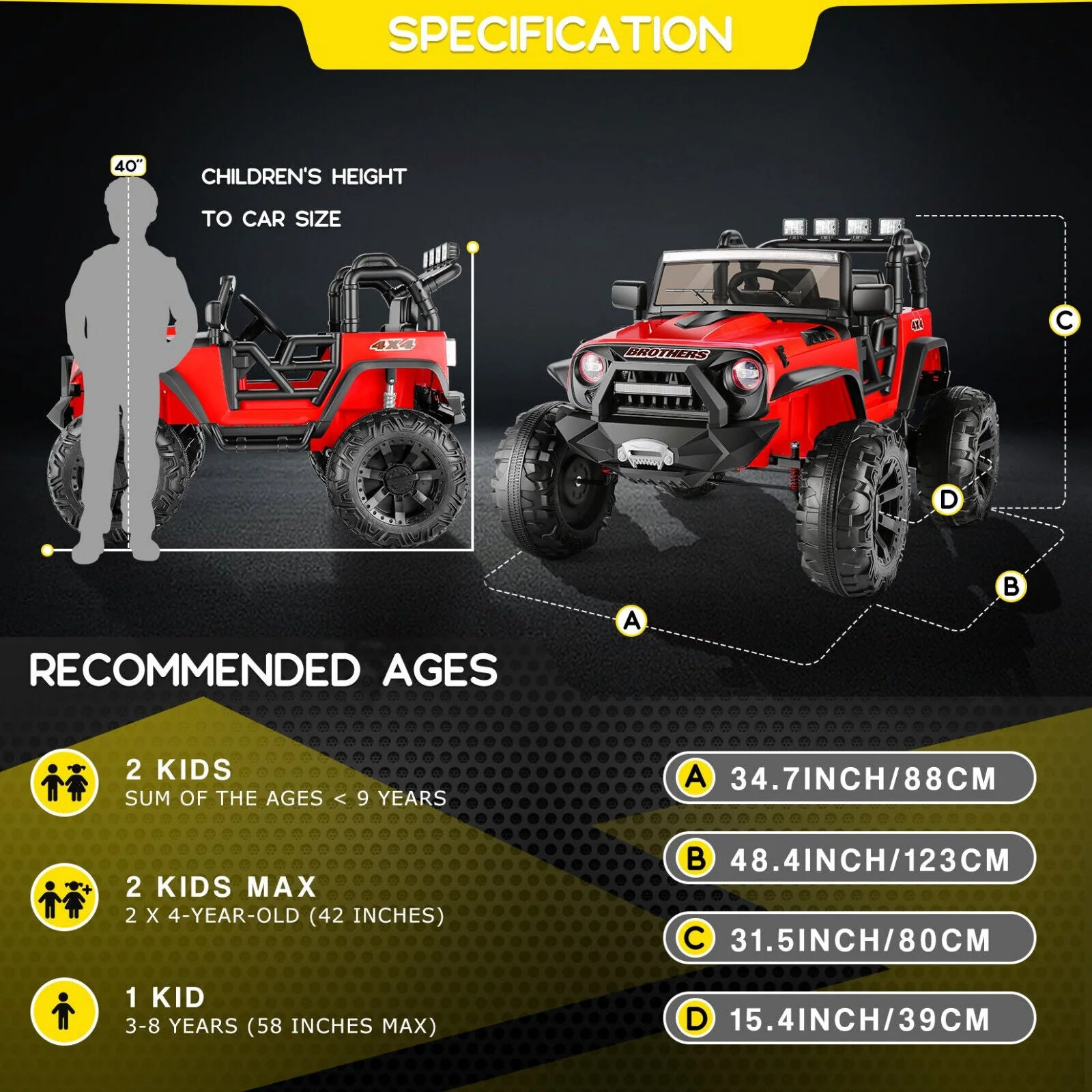 Kids Ride On Truck Car with Remote Control - 24V, 2 Seater, 3 Speed, 9AH Battery, 2*200W Motor