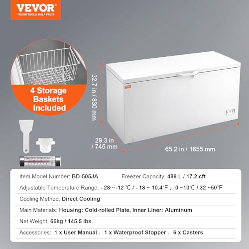 VEVOR Chest Freezer, Large Deep Freezer & 4 Removable Baskets, Freestanding Top Open Door Commercial Chest Freezers with Locking Lid, 7-Level Adjustable Temp, LED Lighting, 6 Wheels