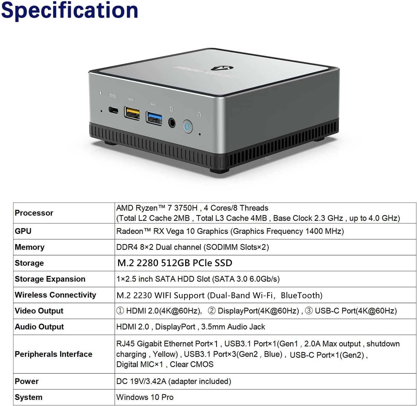 Mini PC AMD Ryzen 7 3750H UM700 | 16 GB RAM 512 GB PCIe SSD Mini Desktop Computer | Radeon RX Vega 10 Graphics | Dual WiFi BT 5.1 | HDMI/Display/USB-C | RJ45 4X USB 3.0 Ports Small Form Factor