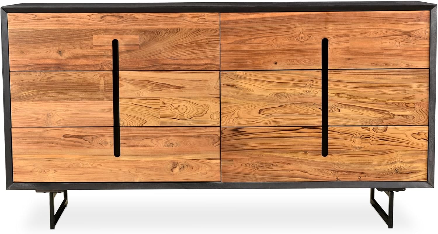 Lennox, Dresser, Scandinavian Solid Mango Wood with Reclaimed Teak Doors and Steel Legs, 6 Drawers, Light Brown
