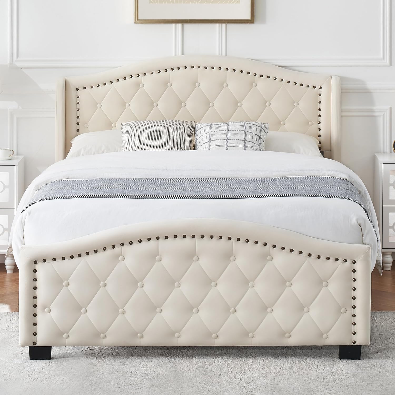 GAOMON Queen Size Upholstered Platform Bed Frame with Tall Headboard, Luxurious Velvet Button Tufted and Nailhead Trim Wingback, Arched Footboard, No Box Spring Needed, Beige