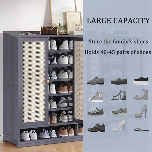 8 Tier Bamboo Shoe Cabinet Storage for Entryway, 40 Pairs Shoe Rack for Closet, Rattan Storage Cabinet with Doors for Hallway Living Room, Grey