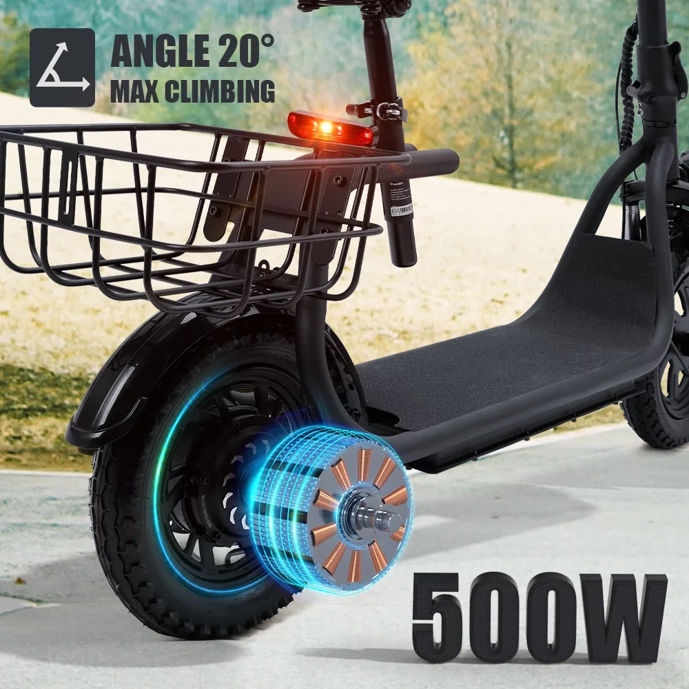 Adult Electric Scooter with Seat & Carry Basket, New Upgraded 500W 36V Up to 19 Mph- LCD Display-Moped for Adults-Foldable-Oversized Soft Seat-Dual Shock Absorption E-Bike