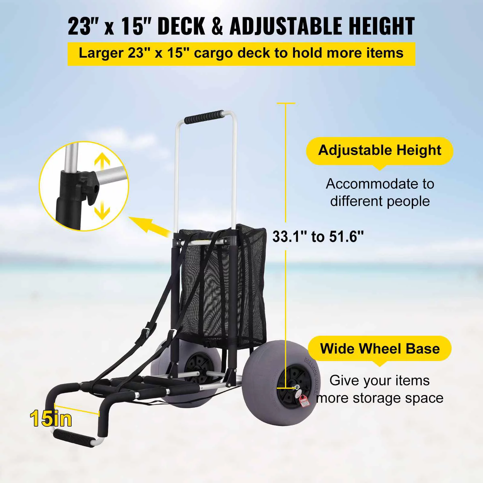 BENTISM Beach Carts for The Sand 165LBS Capacity Adjustable Handle Beach Wagon TPU 23" x 15" Deck with 13" Balloon Wheels for Beach Trips Camping Fishing