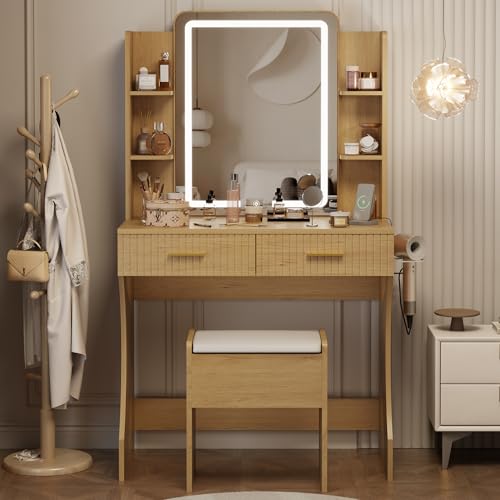 Vanity Desk with LED Lighted Mirror, Makeup Vanity with 3 Adjustable Lights, 2 Large Drawers and 4 Open Shelves, White Vanity with Storage Stool for Bedroom