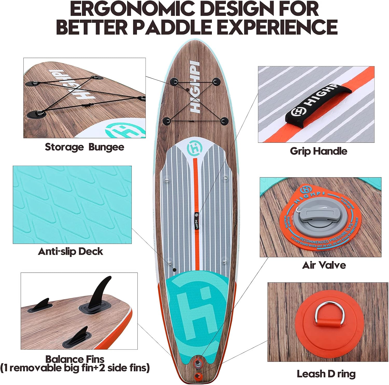 Highpi Inflatable Stand Up Paddle Board with Premium SUP Accessories, Backpack, Wide Stance, Surf Control, Non-Slip Deck, Leash, Paddle and Pump, Standing Boat for Youth and Adult