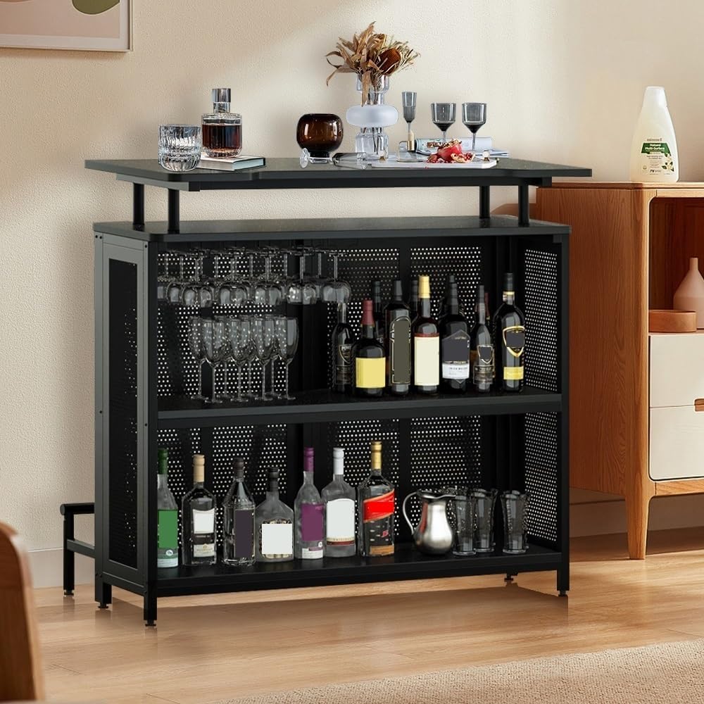 Industrial Liquor Bar Table, Portable Bar, Home Bar Unit Cabinet, Industrial 3-Tier Liquor Bar Table with Stemware Rack, Wine Bar Cabinet for Home Kitchen Pub