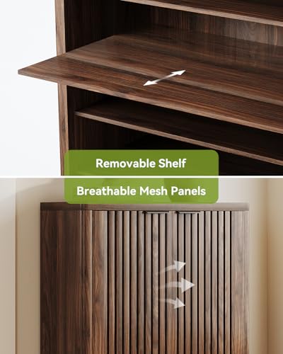 LITTLE TREE 6-Tier Shoe Cabinet with Doors for Up to 24 Pairs, Large Wooden Shoe Storage Cabinet with Adjustable Shelves, Retro Freestanding Shoe Organizer Cabinet for Entryway, Hallway, Dark Walnut