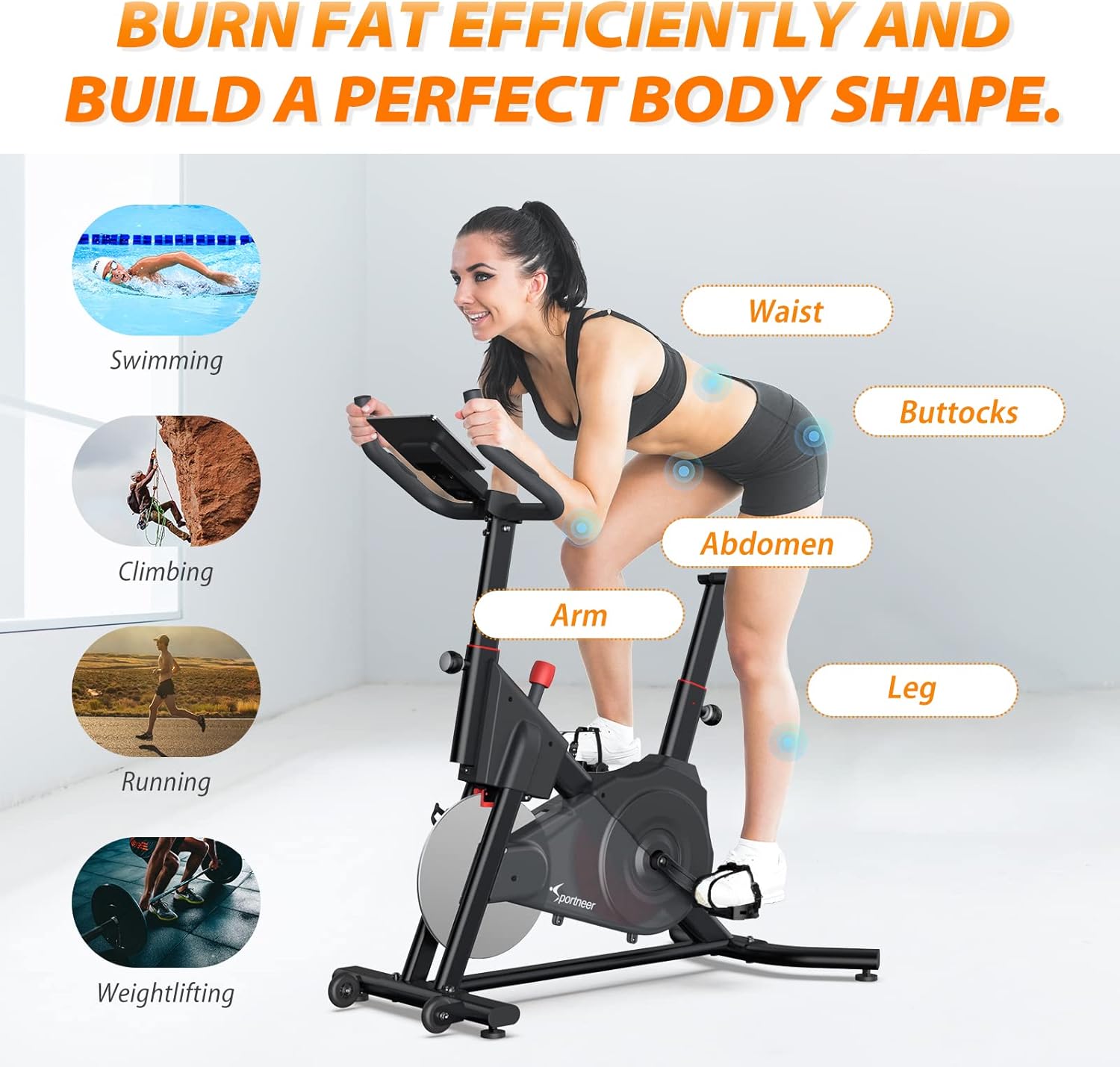 Sportneer Exercise Bike (Quiet), Indoor Cycling Bike Stationary Magnetic Resistance Spin Bike Cycle Workout Bikes for Home Gym, Aluminum Flywheel, Bluetooth & APP, Black