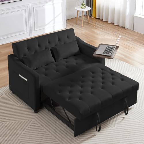 3 in 1 Convertible Sleeper Sofa Couch with Pull Out Bed,53" Velvet Futon Tufted Loveseat with Table&Reclining Back,Comfy 2 Seater Lounge Sofa for RV,Living Room,Bedroom,Small Space(Grey)