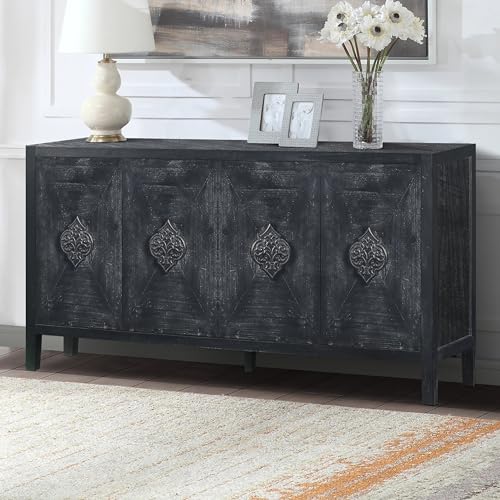 Retro Design 60'' Sideboard Large Storage Cabinet with 4 Doors and Adjustable Shelves, Solid Wood Console Table TV Stand with Open Storage for Kitchen Living Room (Smoke Blue)