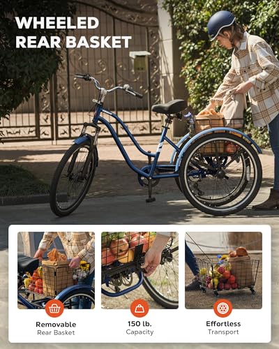 Viribus Adult Tricycle, Tricycle for Adults with Front Suspension and Removable Basket, 24 26 Inch 3 Wheel Bike for Adults 7 Speed Dual Chain, Adult Trike for Men Women Seniors, 400 lb.
