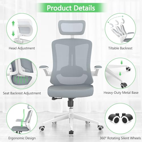 Office Chair Ergonomic desk chair with 350LBS Capacity, Comfort Mesh computer chair, High Back Gaming Chair with Wheels, Adjustable Headrest, Lumbar Support, Flip-up Armrest (White+Khaki)