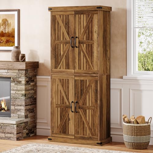 Tribesigns 71" Tall Kitchen Pantry, Farmhouse Storage Cabinet with Barn Doors and Adjustable Shelves, Rustic Wooden Cupboard for Kitchen, Dining Room, Brown