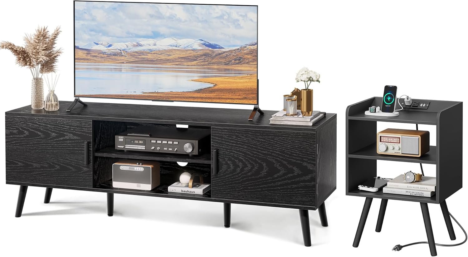 SUPERJARE TV Stand for 55 Inch TV, Entertainment Center with Adjustable Shelf, Huuger Night Stand with Charger Station, for Living Room, Bedroom, Black