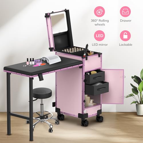 EASYINBEAUTY Rolling Portable Manicure Table with 2 Drawers, Mirror & Nail Polish Organizer, Lockable Makeup Train Case with Foldable Nail Desk, Cosmetic Travel Case for Workstation Mobile, Nail tech