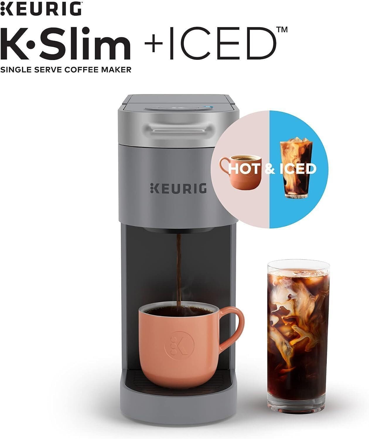Keurig K-Slim Plus ICED Coffee Maker (Gray), Single Serve Iced Coffee Brewer for Home - Quick Brew System - Space-Saving Design - 3 Brew Sizes Bundle with Medium Roast Pods and Cleaning Cups (3 Items)