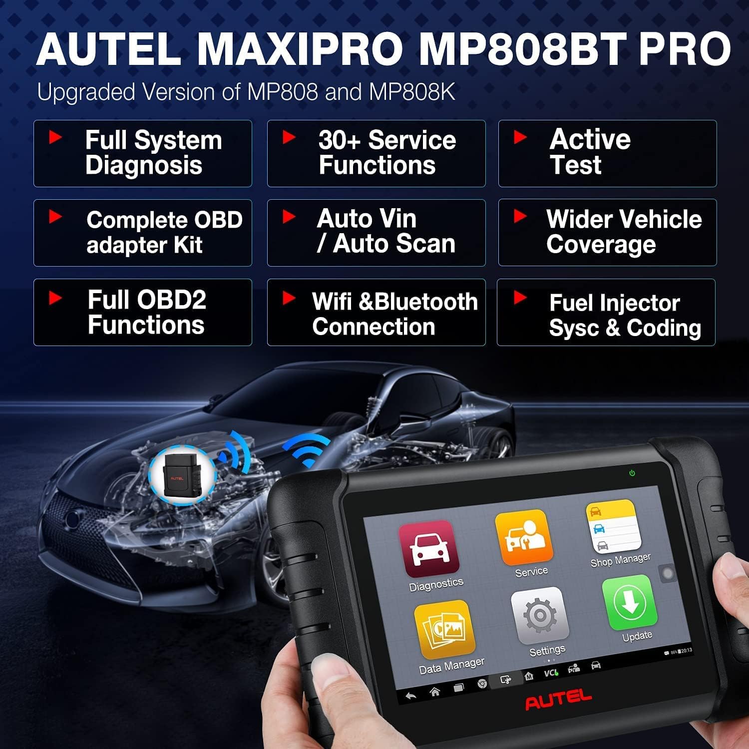Autel Scanner MaxiPRO MP808BT Pro【with $150 Adaptor kit】, 2022 Newest Car Diagnostic Scan Tool with Advanced Bi-Directional Control, All Systems Diagnosis, 30+ Service, Upgraded of MS906 MP808 DS808