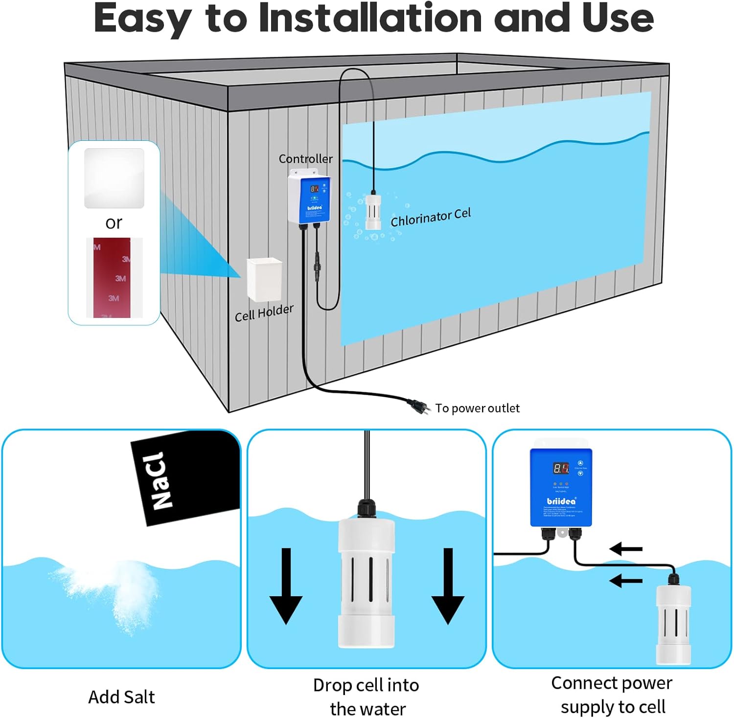 Salt Chlorine Generator, Briidea Chlorine Generator for Hot Tubs & Swim Spas, Up to 2000 Gallons, Chemical-Free