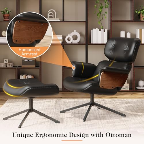 Mid Century Recliner Swivel Chair with Ottoman, Ergonomic Armchair with Comfy Cushion, Walnut Wood Base, PU Leather, Heavy Duty Support for Living Room, Black