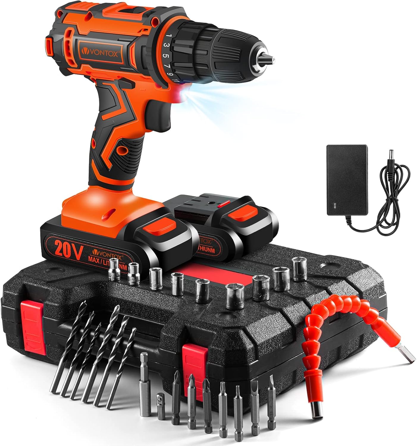Drill Set, V VONTOX 20V Cordless Drill with 2 Batteries 2000mAh and Fast Charger, Home Power Drill 3/8" Keyless Chuck, 2 Variable Speed, 370 In-lb Torque, 24pcs Drill/Driver Bits Pack of 2