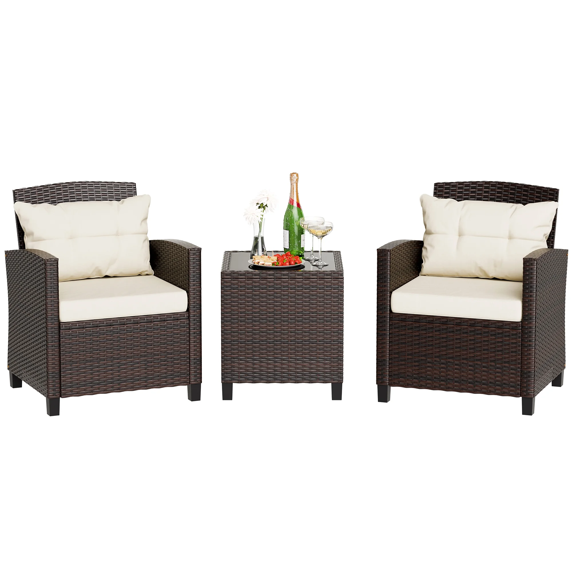 Walsunny 3 Pieces Patio Furniture Set Outdoor Wicker Conversation Bistro Set Outdoor Patio Chairs with Tempered Glass Table Beige
