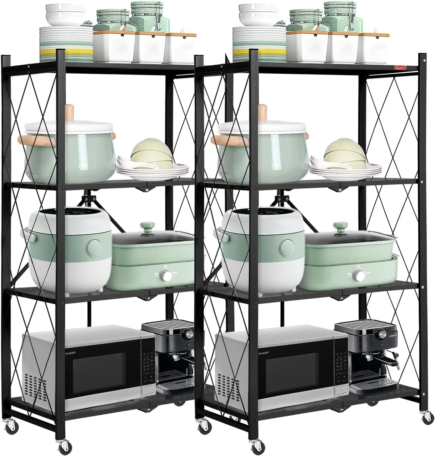 4-Tier 2PCS Storage Shelving Units, Heavy Duty Metal Shelf 27.9"x13.4"x47.8", Foldable Storage Shelf with Wheels, Garage Shelf, Rolling Utility Rack, Kitchen Shelf for Storage, Black - Curated Treasures Market
