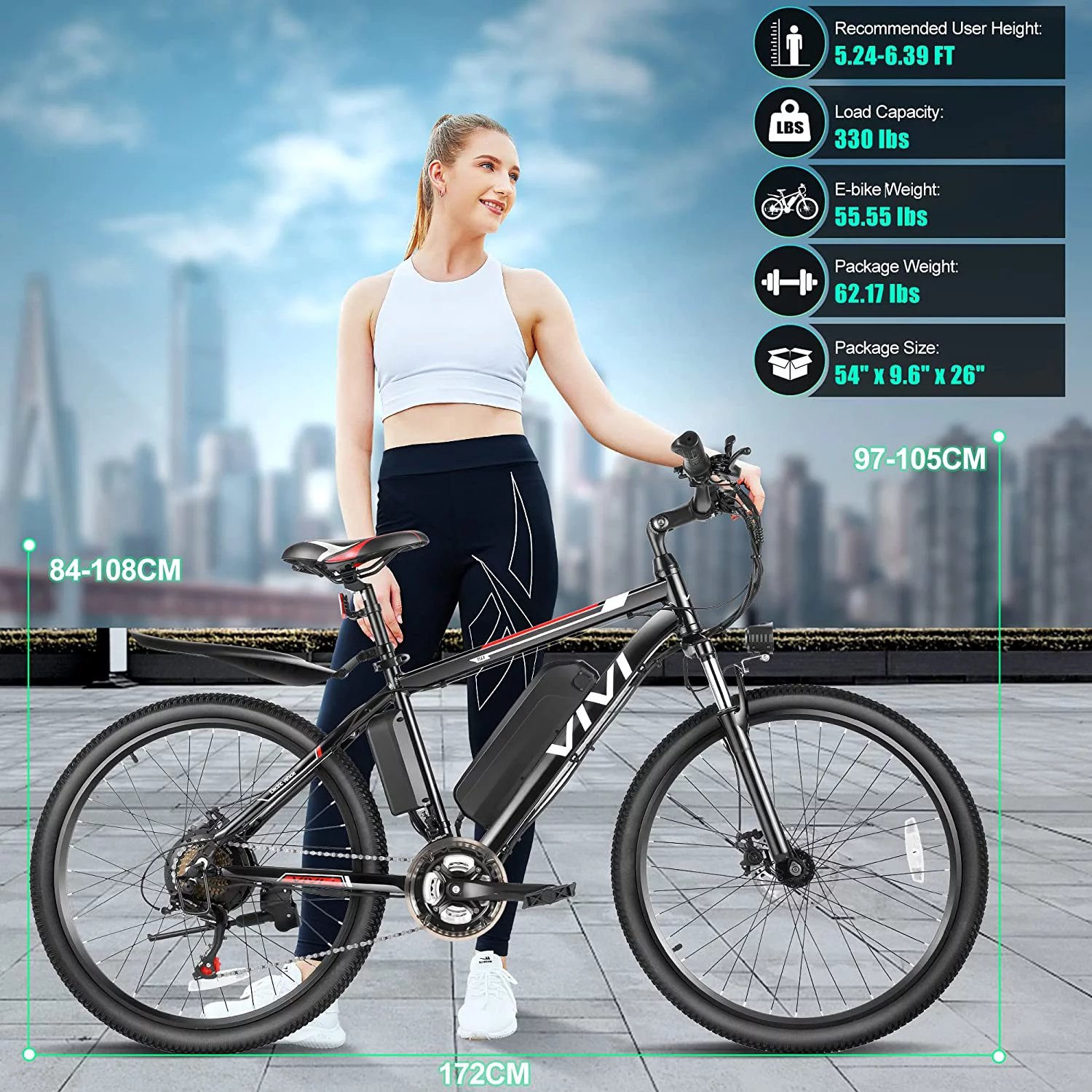 Vivi Electric Bike 26 Adult Electric Mountain Bike 500W Hardtail Electric Commuter Bike 21 Speed with Cruise Control Up to 20MPH & 50Miles