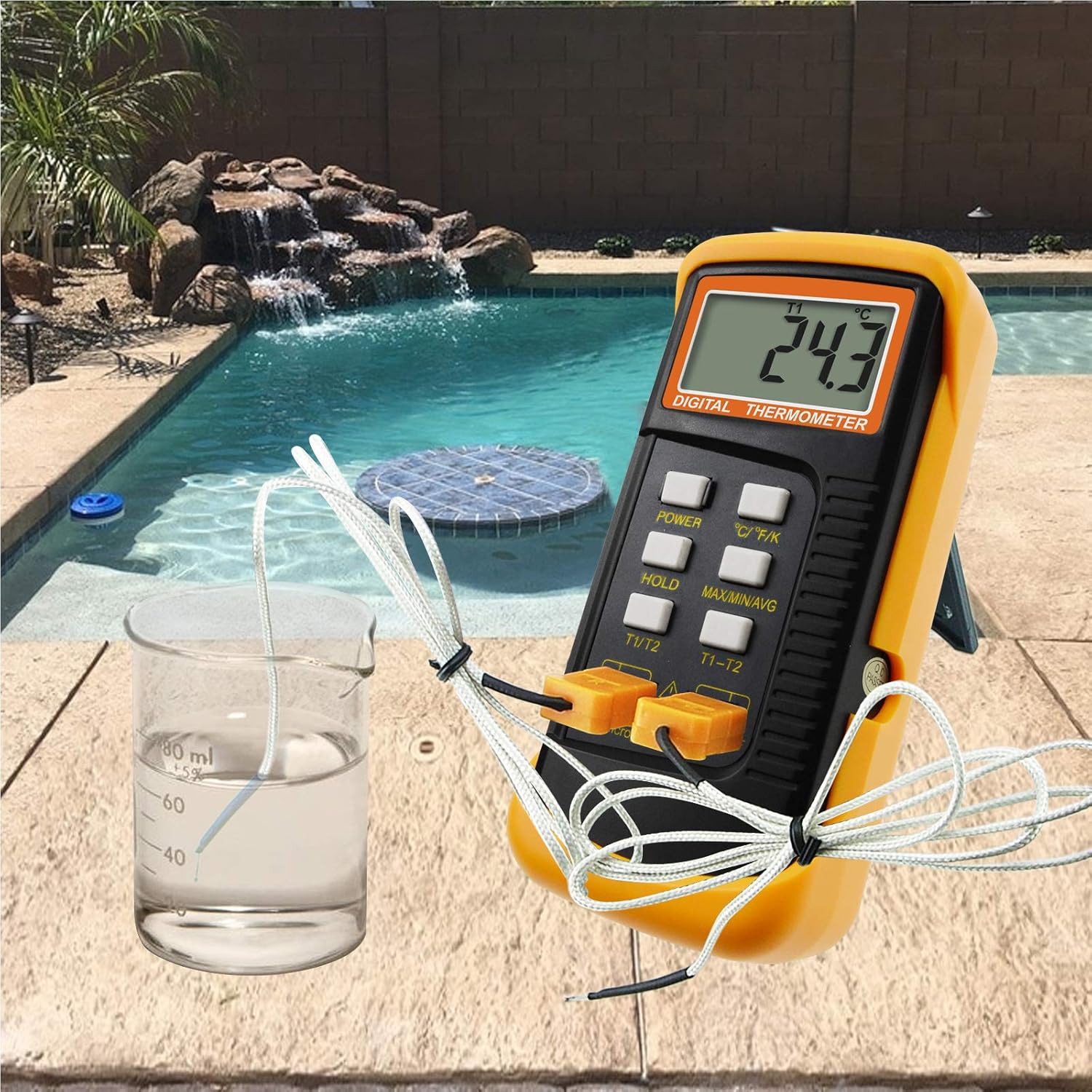 Digital 2 Channels K-Type Thermometer w/ 4 Thermocouples (Wired & Stainless Steel), -50~1300&deg;C (-58~2372&deg;F) Handheld Desktop High Temperature Kelvin Scale Dual Measurement Meter Sensor