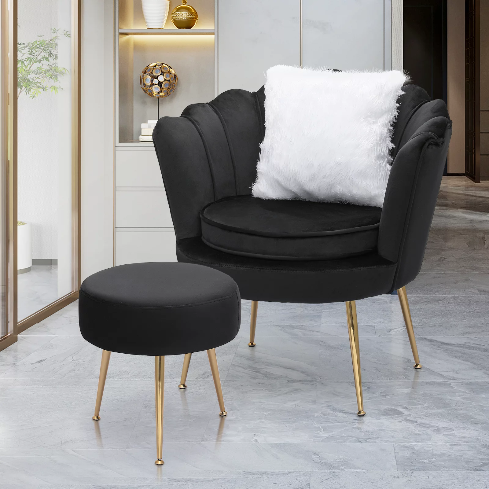 Magshion [CHAIR+PILLOW+FOOTSTOOL SET] Home Tufted Velvet Solo Sofa Ottoman Set with Cushion, Livingroom Accent Chair with Footrest Stool, Black