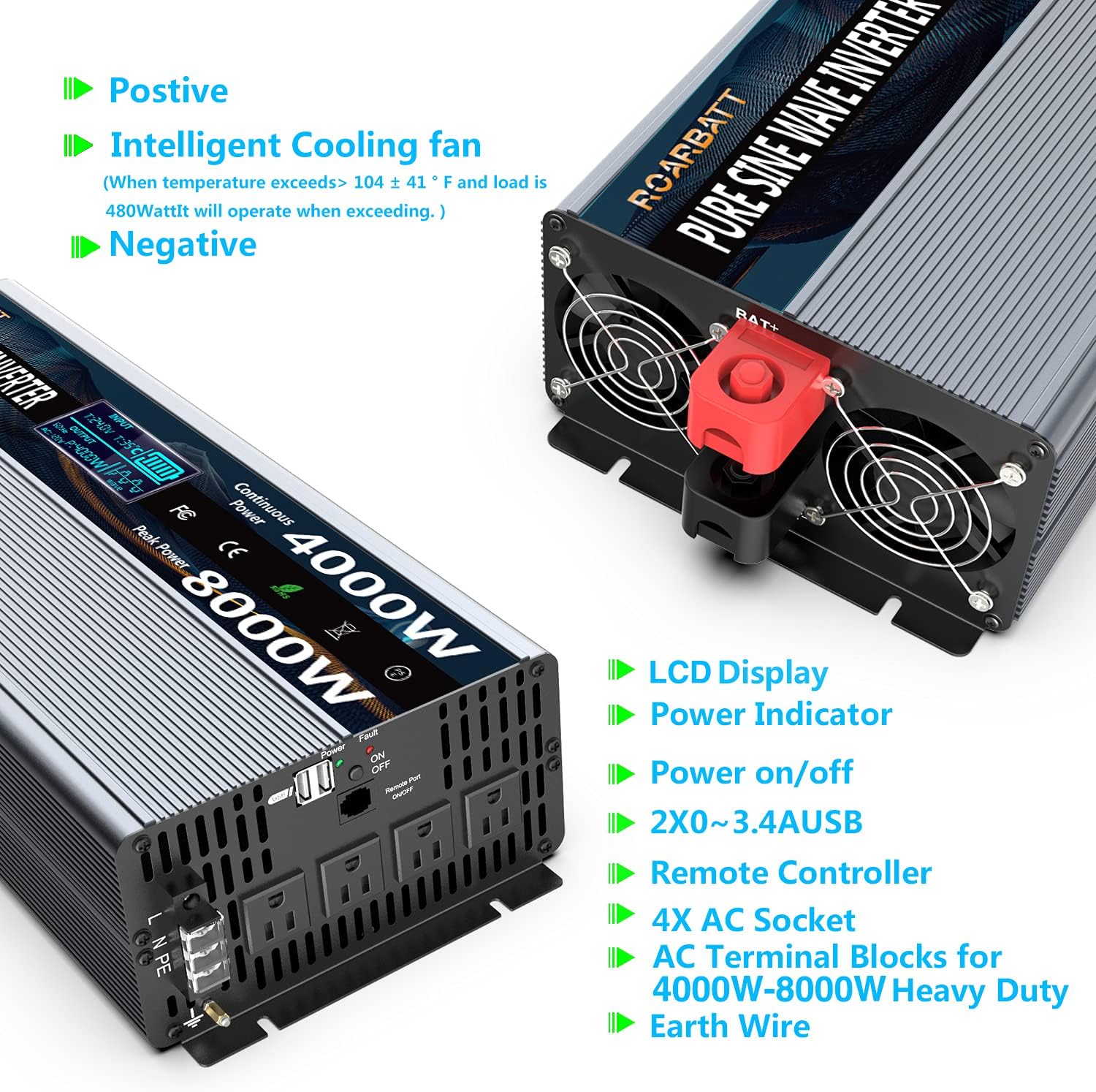 Pure Sine Wave Power Inverters 4000Watt 12V DC to AC 110V 120V Peak Power 8000Watt with Remote Control 4 AC Outlets and Dual USB Port for CPAP RV Car Solar System Emergency