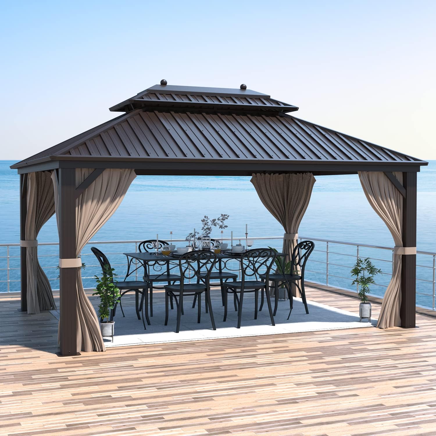 EROMMY Hardtop Gazebo Galvanized Steel Outdoor Gazebo Canopy Double Vented Roof Pergolas Aluminum Frame with Netting and Curtains for Garden,Patio,Lawns,Parties (10'x 13')