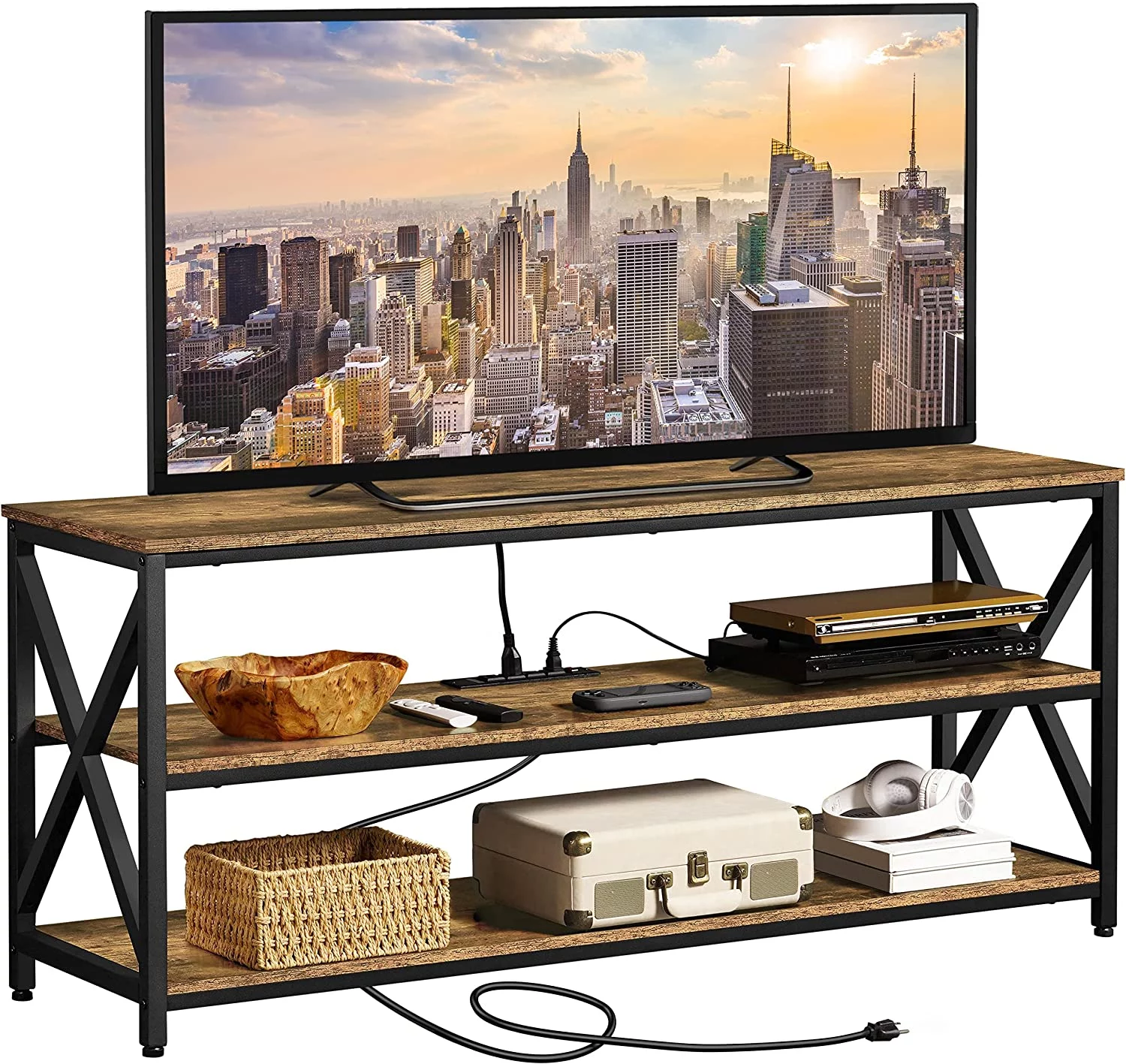 TV Stand for TV up to 65 inch, Industrial TV Cabinet with Power Outlets for Living Room, Media Entertainment Center TV Console with 3 Tier Storage Shelves & Charging Station, Rustic Brown