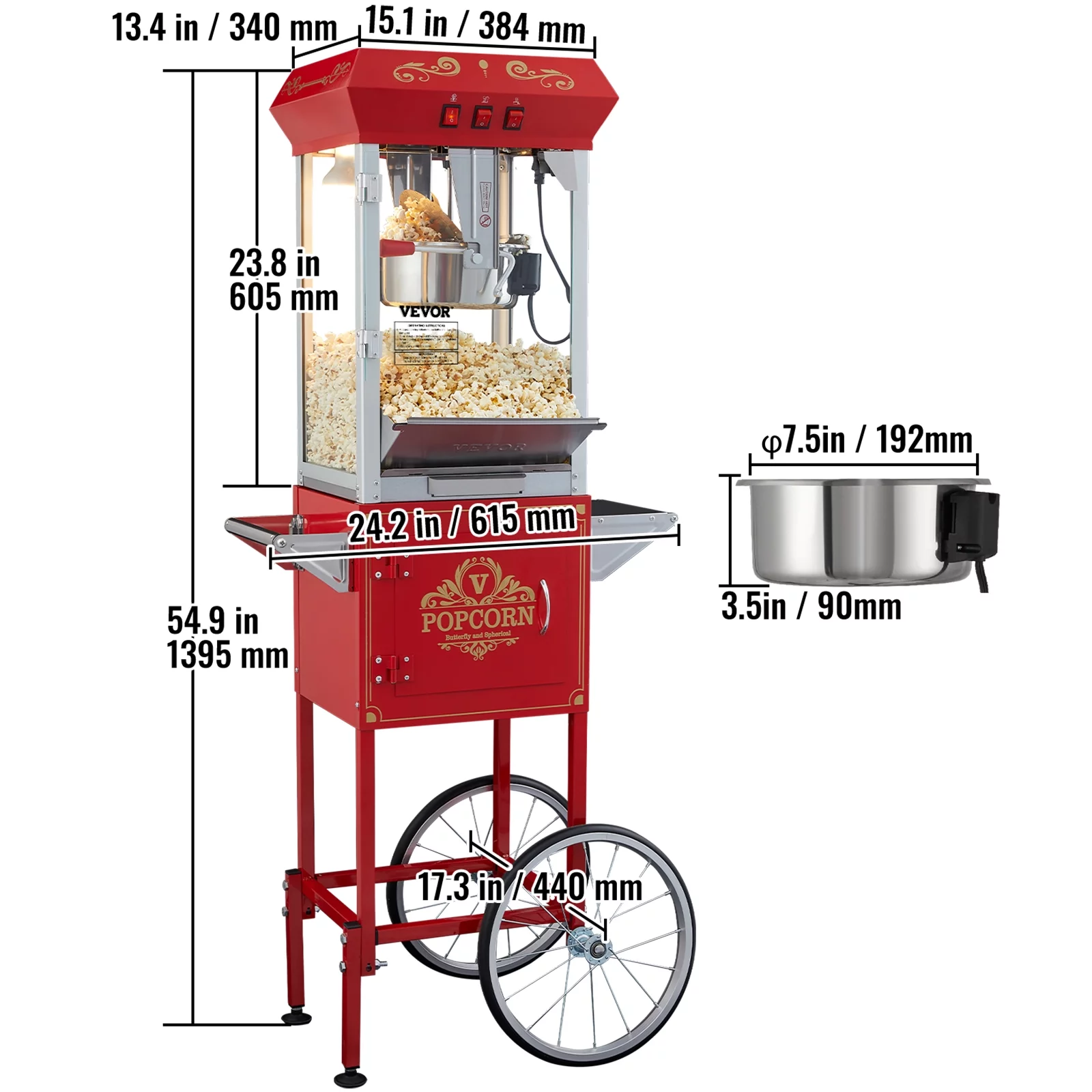 VEVOR Popcorn Popper Machine 8 oz/0.5 lbs 48 Cups Capacity Popcorn Maker Cart 850W Red, Suitable for Party or Office