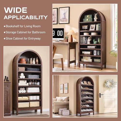 71" Tall Arched Bookshelf, 7 Tiers Arch Bookcase with Storage, Modern Farmhouse Book Shelf with Adjustable Shelves, Wood Bookshelf w/Open Display Shelves for Living Room, Office (Natural)