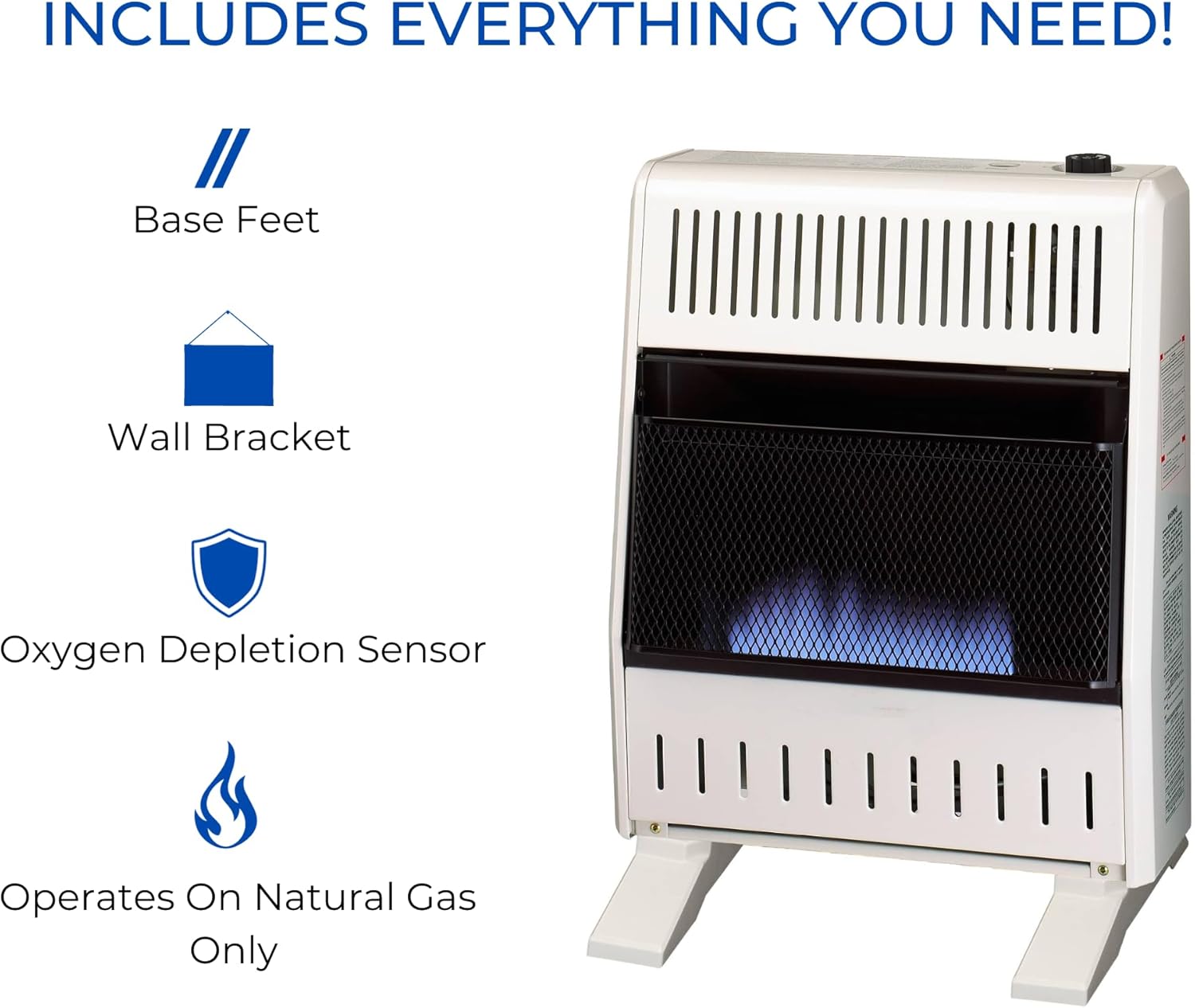 ProCom MN200TBA-B Ventless Natural Gas Blue Flame Space Heater with Thermostat Control for Home and Office Use, 20000 BTU, Heats Up to 950 Sq. Ft., Includes Wall Mount and Base Feet, White
