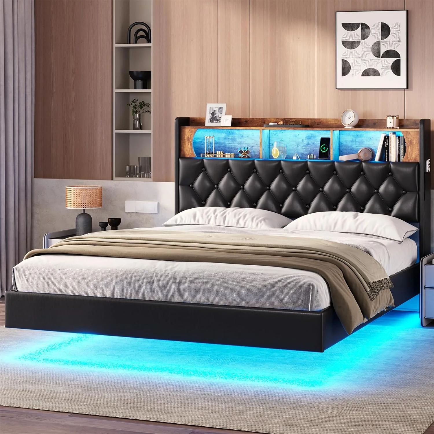 Full Size Floating Bed Frame with LED Light&Charging Station, Upholstered Platform Bed with Storage Headboard, Noise-Free, Black - Curated Treasures Market